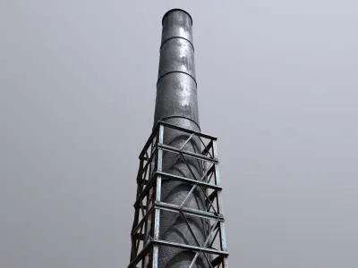 Industrial Smokestack Tower with Steel Support Frame Low-poly 3D model
