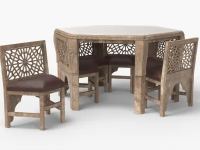 Vintage Dining Table and Chairs with Arabesque Carvings 3D model