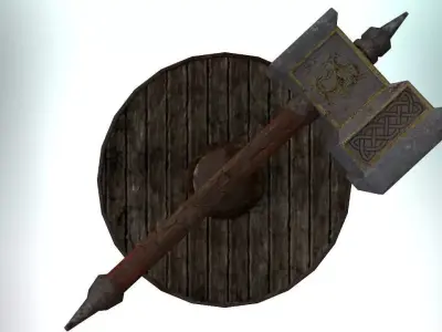 Fantasy warhammer and shield Free low-poly 3D model