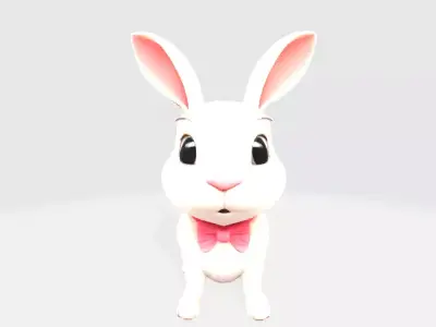 cartoon white rabbit with pink bow tie Low-poly 3D model