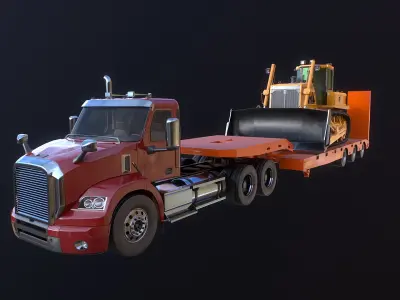 Generic Semi Truck and Low Loader Trailer with Bulldozer 3D model