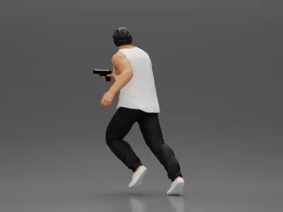 Gangster Man in Beanie Tank Pants Sneakers Running with Gun 3D print model
