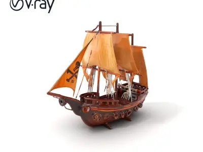 Vintage Wooden Pirate Ship Model Pack with Intricate Carvings Low-poly 3D model