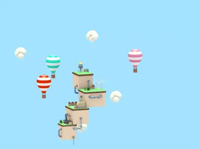Low Poly Island hot air balloons Low-poly 3D model