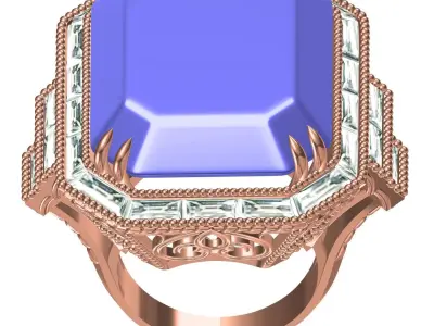 Emerald Stone Baguette Halo Cocktail Ring for Women 3D print model