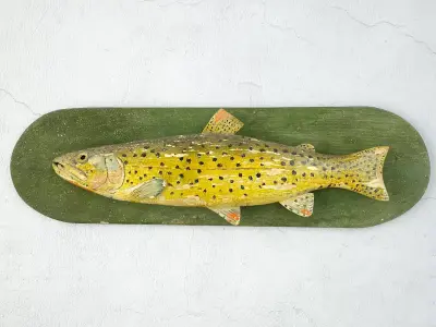 Antique Painted Carved Wood Fish Wall Sculpture 3 3D model