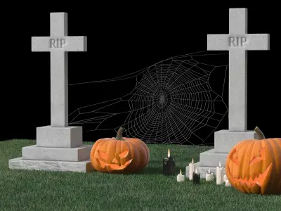  Old Cemetery with Carved Pumpkins and Candles Fur 