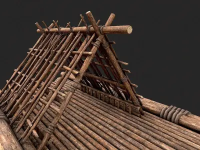 Primitive Wooden Raft Survival Boat  Low-poly 3D model
