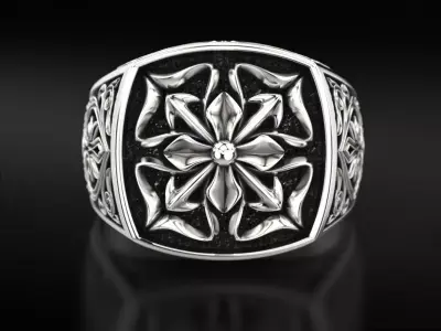 Antique ring with patterns and a cross 735 3D print model