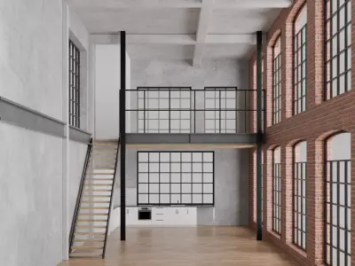 Industrial style warehouse loft conversion interior scene 3D model