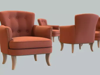 Vintage Chair Rust Linen Upholstery Natural Chestnut Legs 3D model