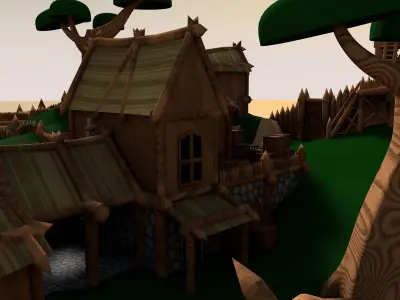 Village minecraft with trees and buildings Low-poly 3D model