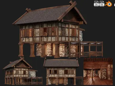 4 Old Medieval Building House Pack 4K Tex GameReady 57 to 60 Low-poly 3D model