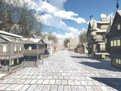 Medieval Modular Town with 13 Houses Tree and Bridge Game Ready Low-poly 3D model
