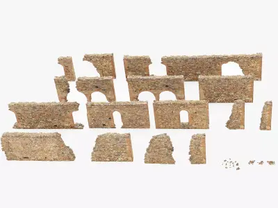 Modular Brick Stone Wall Ruin Set Low-poly 3D model