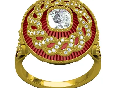 Filigree Art Deco Ruby Diamond Cushion Cut Diamond Ring 3D print model