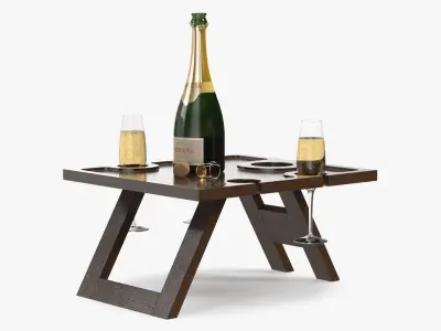 Champagne Picnic Table with Glasses and Cork 3D model