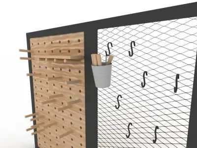 Pegboard wooden wall with pegs and hooks 3D model