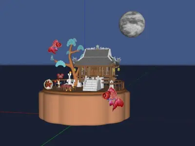 Mid-Autumn chinese house with fish in moonlight 3D model