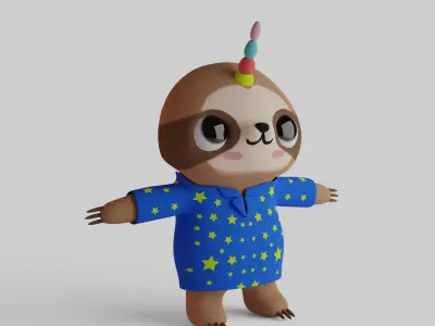 Cute Cartoon Sloth Character Low-poly 3D model