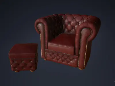 Leather Couch Chesterfield Set - Sofa Armchair - Game Ready Low-poly 3D model