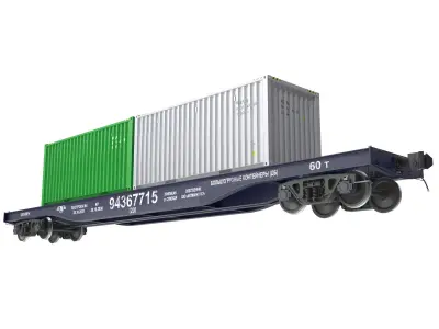 Train wagon flatcar with 20ft containers 3D model