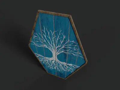 Slavic diamond-shaped shield painted blue with trees symbol Low-poly 3D model