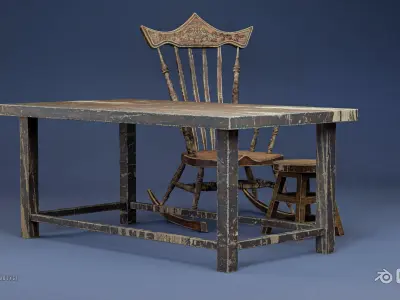 Old Chair-Old Stool and Old Table Free low-poly 3D model