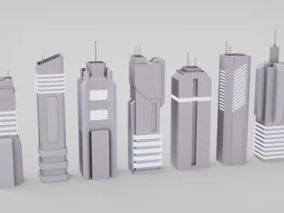 7 SciFi Skyscrapers Low-poly 3D model