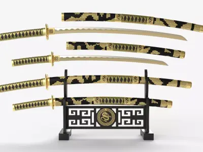 Gold Double Bladed Katana Wakizashi and Stand 3D model