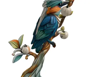 Stylized Bird on Branch Sculpture Low-poly 3D model