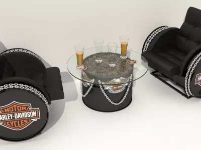 Armchair and table made of iron barrels with industrial decor 3D model