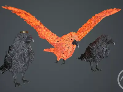 Raven three birds Low-poly 3D model