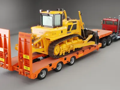 Generic Semi Truck and Low Loader Trailer with Bulldozer 3D model