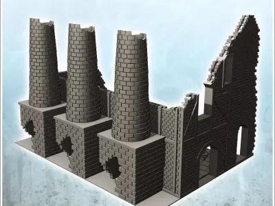Ruined industrial building with three brick chimneys 5 - Modern  3D print model