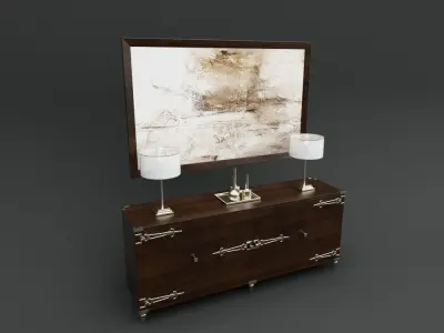 Console dresser with two lamps and painting Free 3D model