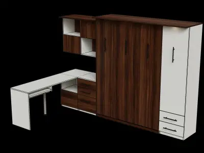 White Desk Dark Brown Cabinet Wall Bed Closed 3D model