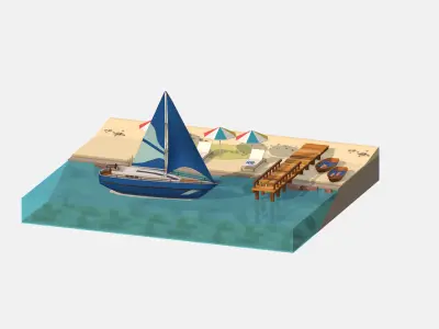 Blue Yacht Scene MotorBoat Blue Low-poly 3D model