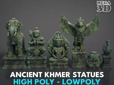 Ancient Khmer Statue Pack C-250523 3D Model Collection