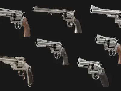 7 Silver Revolvers Collection All PBR Unity UE Textures 3D Model Pack