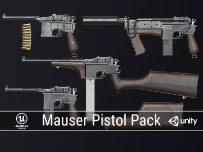 PBR Mauser Pistol Pack Low-poly 3D model