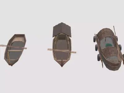 CANOE-BOAT group of wooden boats and house Free low-poly 3D model