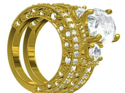 Antique Three Stone Art Deco Engagement Ring with Band 3D print model