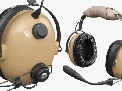 Aviation Pilot Headset on Male Head Desert Fur 3D model