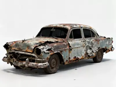 Realistic Wrecked 1950s Sedan 3D Model Low-poly 3D model