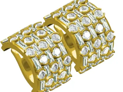 Antique Round and Baguette Diamond Half Bezel Hoop Earring 3D print model