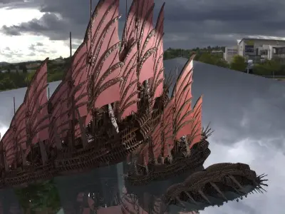 Emporors Asian Red Fin sailed Ship and kings ship 3D model