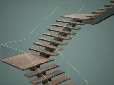 Stair Low Poly Game Ready wooden staircase with glass railing Low-poly 3D model