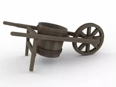 Traditional Chinese wooden wheelbarrow equipped with a bucket Low-poly 3D model