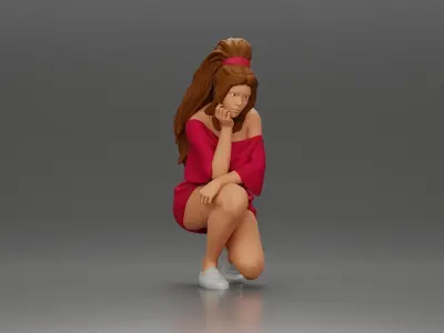 fashionable girl in beachwear is sitting and looking 3D print model